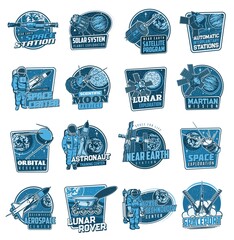Wall Mural - space vector icons. astronaut in galaxy, rocket in outer cosmos, shuttle expedition, exploration. sa