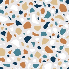 Fototapete - Terrazzo flooring texture with seamless repeatable pattern of small organic stone pieces. Abstract backdrop with colorful irregular shapes. Endless Venetian tile. Colored flat vector illustration