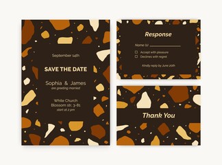 Fototapete - Set of vertical and horizontal terrazzo wedding invitation cards. Templates with geometric abstract design, graphic elements of organic shapes and place for text. Colored flat vector illustration