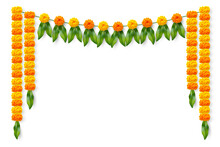 Traditional Indian Floral Garland With Marigold Flowers And Mango Leaves. Decoration For Indian Hindu Holidays Or Wedding. Isolated On White. Vector Illustration.