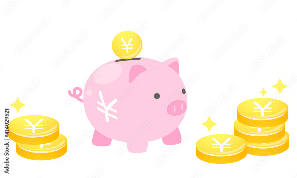 ブタの貯金箱とお金とキラキラのベクターイラスト Wall Mural 理菜 伊藤 ブタの貯金箱とお金とキラキラのベクターイラスト Wall Mural 理菜 伊藤