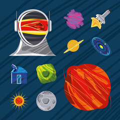 Wall Mural - space icons set astronaut spaceship planet moon telescope and sun