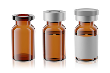 Wall Mural - Vaccine brown glass injection vials set isolated. 3d rendering mockup.