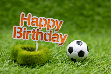 Wall Mural - Soccer ball with happy birthday sign are on green grass