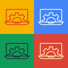 Pop art line Software, web development, programming concept icon isolated on color background. Programming language and program code on screen laptop. Vector.