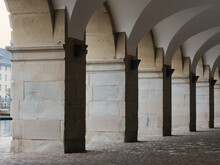 View From The Side On A Wall With Round Arch At The City Hall Of Lucerne, Switzerland