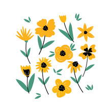 Set Of Hand Drawn Vector Yellow Flowers, Spring Collection. Illustration For Sticker, Label, Tag, Gift Wrapping Paper 