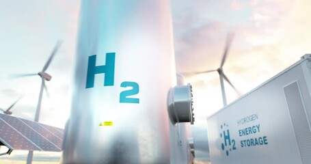 Wall Mural - Hydrogen energy storage gas tank with solar panels, wind turbine and energy storage container unit in background. 3d rendering.