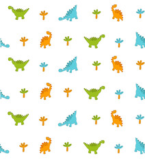  Pattern with cartoon dinosaurs. Colored dinosaurs on a white background. Seamless pattern.
