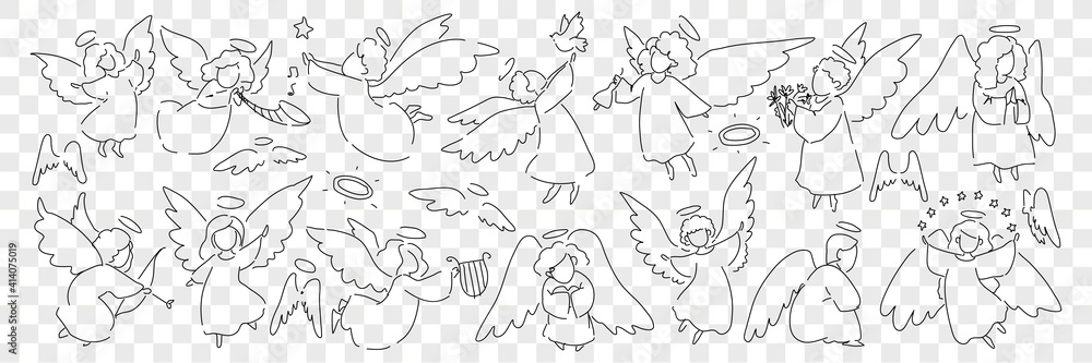 Angel creatures with wings and halo doodle set. Collection of hand drawn looks little angels of saint characters playing musical instruments taking care of birds isolated on transparent background - obrazy, fototapety, plakaty 