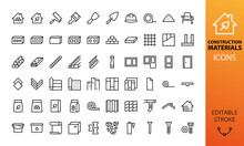 Construction Materials Isolated Icon Set. Set Of Building Tools, Blocks, Floor And Roof Materials, Door, Window, Cement Bag, Tile Adhesive, House Siding, Timber, Drywall, Metal Profile Vector Icons