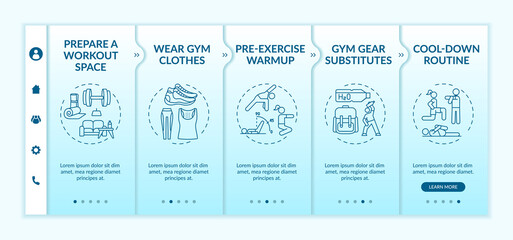 Wall Mural - Home physical training tips onboarding vector template. Gym clothes. Gear substitutes. Cool-down routine. Responsive mobile website with icons. Webpage walkthrough step screens. RGB color concept