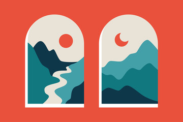 Wall Mural - abstract mountain landscape print. contemporary posters with window view, boho nature design. vector