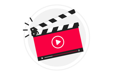 Leinwandbilder - Video tutorial icon, emblem, label, Button. Clapperboard with running online video player. Movie or online cinema design of clapper board video player. Video editor or film production. Online cinema