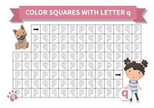 Printable Game. Worksheet For Kids. Exercise About Letter Reversals P And Q. Maze With Girl And French Bulldog, Page A4, Vector