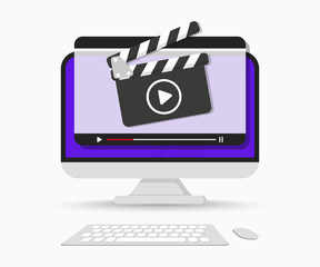 Leinwandbilder - Computer screen with video player interface. Clapperboard with online video player windows. Live stream player. Video tutorial. Online Movie or cinema. Online video, education, web courses