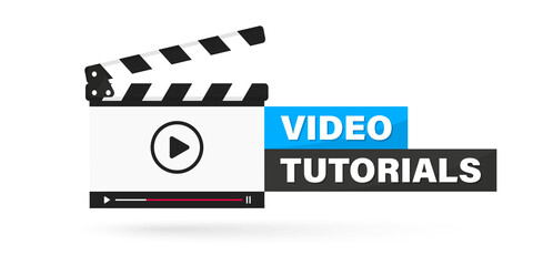 Leinwandbilder - Video tutorial icon, emblem, label, Button. Clapperboard with running online video player. Movie or online cinema design of clapper board video player. Video editor or film production. Online cinema