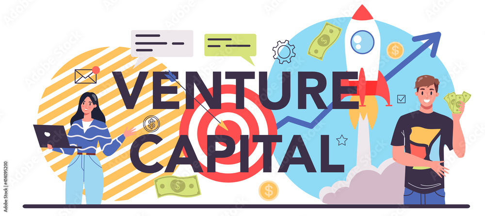 Venture capital typographic header. Investors financing startup companies - obrazy, fototapety, plakaty 
