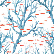 Beautiful Seamless Underwater Pattern With Watercolor Sea Life Blue Corals And Red Fish. Stock Illustration.