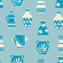 Wall Mural - Various ceramic Vases. Different shapes. Antique, ancient ceramics. Pottery concept. Different textures. Hand drawn Vector seamless Pattern. Blue square repeating Background, wallpaper