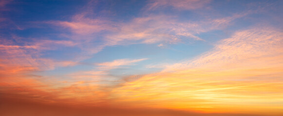 Wall Mural - real panoramic sunrise sundown sunset sky with gentle colorful clouds