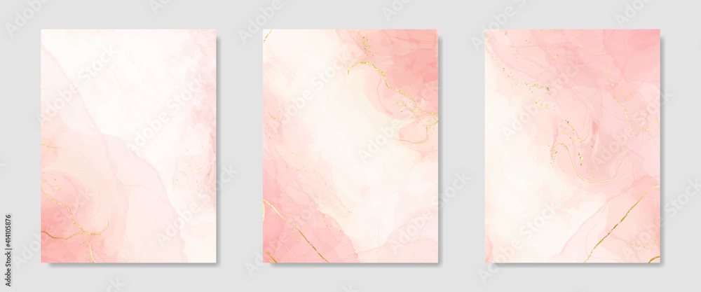Collection of abstract pink liquid watercolor background with golden crackers. Pastel marble alcohol ink drawing effect. Vector illustration design template for wedding invitation - obrazy, fototapety, plakaty 