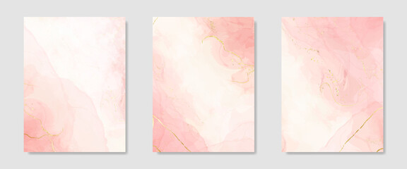 Wall Mural - Collection of abstract pink liquid watercolor background with golden crackers. Pastel marble alcohol ink drawing effect. Vector illustration design template for wedding invitation