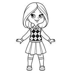 Cute cartoon girl with bob hairstyle dressed in school uniform outline for coloring on a white background