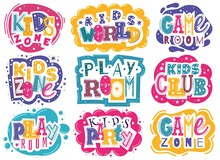 Kids Zone Emblems. Colorful Children Playroom And Game Area Emblems, Bright Colorful Fun Logos Badges, Entertainment Park And Educational Club Signs, Game Zone Party. Vector Labels Set