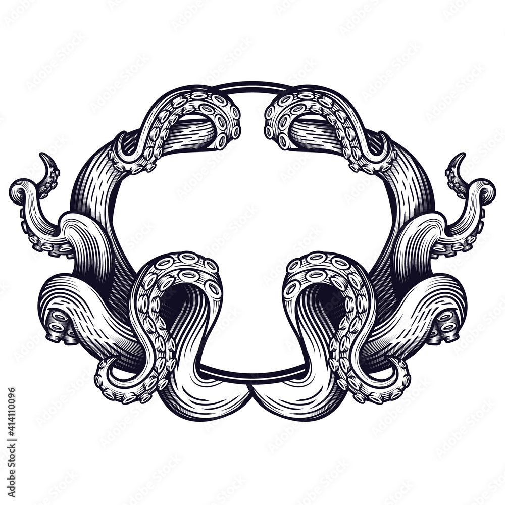 Tentacles of an octopus label frame design. Hand drawn vector ...