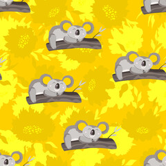 Seamless pattern with cute koala baby and flowers on color background. Funny australian animals. Card, postcards for kids. Flat vector illustration for fabric, textile, wallpaper, poster, paper.