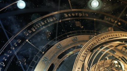 armillary sphere, zodiac astrology signs and planets revolving around them. 4k. 3d animation. uhd. 3