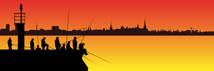 silhouettes of fishermen with fishing rods on pier with lighthouse and long city skyline on backgrou