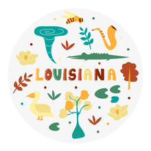 USA Collection. Vector Illustration Of Louisiana Theme. State Symbols - Round Shape