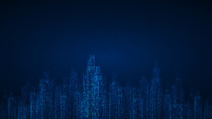cityscape on dark blue background with bright glowing neon. technology city background