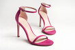 © 8th - Woman's pink high heels shoes with ankle strap on a white background.