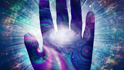 Wall Mural - spiritual composition. the hand of maker. human palm and galaxy in eternal space