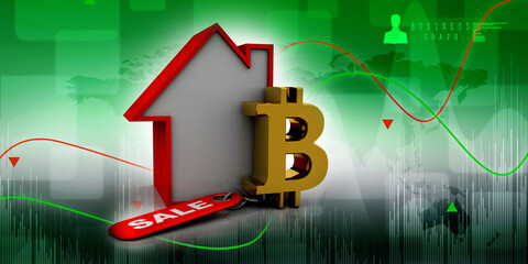 3d rendering bitcoin sign currency with home