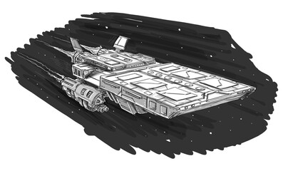 sci-fi spaceship or spacecraft design, concept art illustration. space ship or craft flying. black a