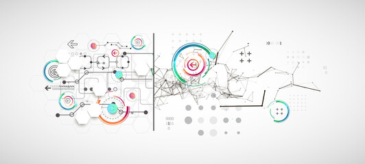 Abstract background on technological and scientific topics. Plexus effect with various techno details with a place under the text. Vector format.