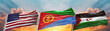 United States of America Flag and Western Sahara الجمهورية العربية الصحراوية الديمقراطية flag and Eritrea Flag waving with texture sky Cloud and sunset triple flag
