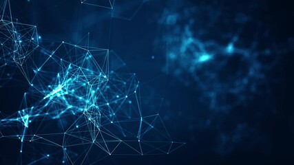 Abstract connected dots and lines on blue background. Communication and technology network concept with moving lines and dots.