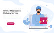 Online Medication Delivery service. Pharmacy concept. A courier holds a box of medicines. Web page template.