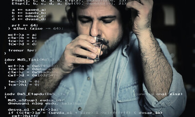 A source code listing over the scene of a sick man taking a pill with a glass of water. Closeup shot.
