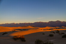 Sand Dunes In Death Valley Near Stovepipe Wells During Sunrise In Death Valley National Park.