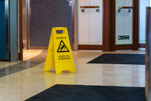 Slippery Floor Warning Sign And Symbol On The Passenger Ferry Restaurant Floor