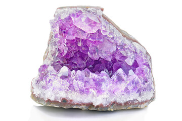 Wall Mural - Amazing rare shape sparkly Violet Crystal Stone macro mineral surface. Purple rough Amethyst quartz Crystals geode on white background. Amethyst looks like a cave made of stone.