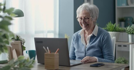 Wall Mural - Senior woman having a video call on her laptop