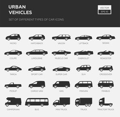 Wall Mural - Car Type and Model Objects icons Set . Vector black illustration isolated on white background. Variants of automobile body silhouette for web.