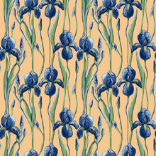 Seamless Patterns With Blue Irises And Green Leaves In The Style Of Van Gogh